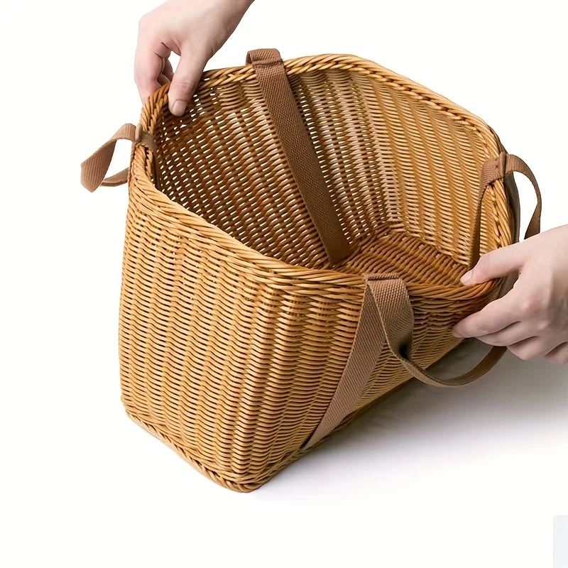 Handmade Imitation Rattan Woven Shopping Basket Large Capacity Tote for Grocery Picnic Fruit Vegetable Kitchen Storage Organizer view 5