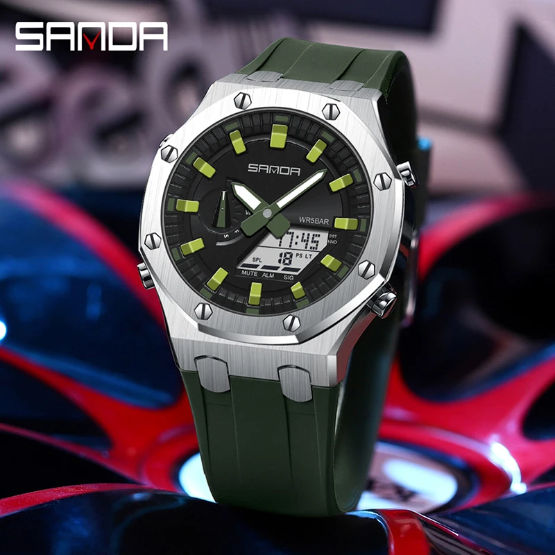 SANDA 3309 الرياضة الساعات الرجال العلامة التجارية العسكرية مقاوم للماء للصدمات ساعة مزدوجة عرض السيارات تاريخ الذكور المعصم الرقمية Reloj