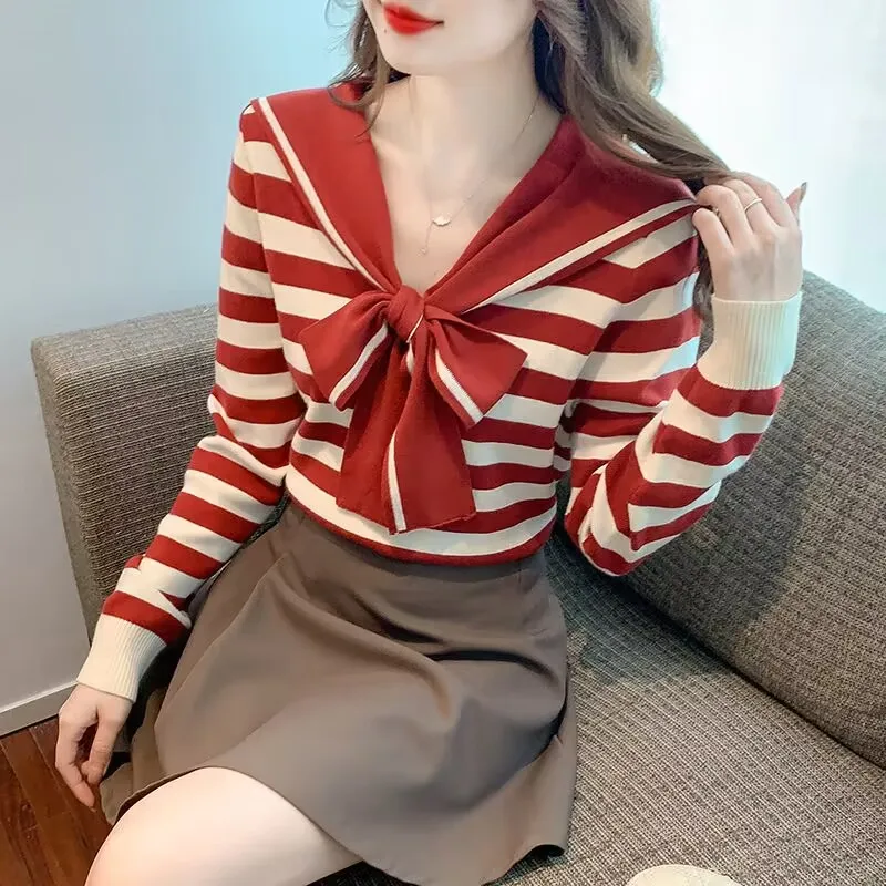 Sailor Collar Knitted Long Sleeve Shirt 2023 New Spring Autumn Long Sleeve Striped knit T-shirt Student Preppy Top Casual Blous