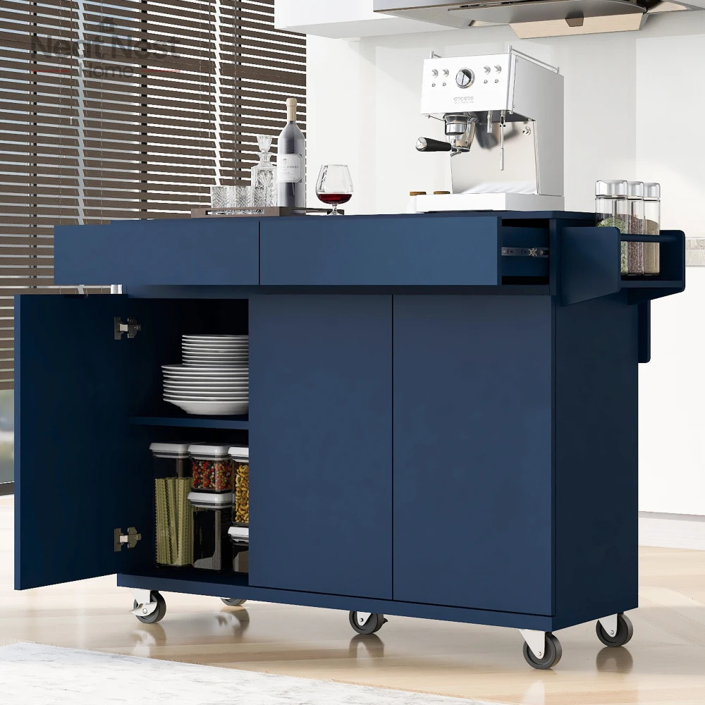 

Kitchen Island with Drop Leaf, Kitchen Storage Cart with Spice Rack,kitchen island on wheels,Adjustable, Dining Room, Navy Blue