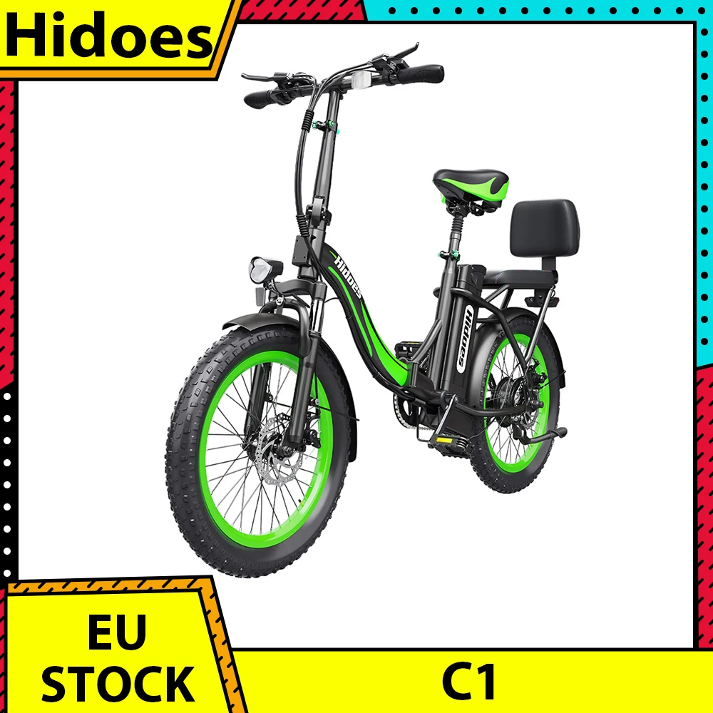 Hidoes C1 Electric Bike with Rear Seat 750W Motor 48V 13Ah Battery 20 inch Fat Tire EBike 40km/h Max Speed 60km Range Disc Brake