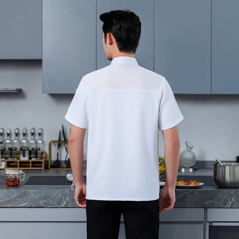 ผู้ชายแขนสั้น Chef ชุดครัวแจ็คเก็ตผ้ากันเปื้อนสีขาวเสื้อผ้าทํางานโลโก้ Chef กางเกงขาสั้นฤดูร้อน Breathable ร้านอาหาร Chef Coat