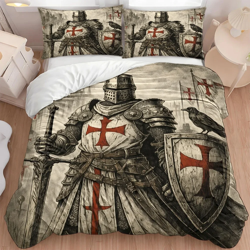 3Pc Medieval Templar Theme Duvet Cover Set, Three-Piece Bedding Set (1*Duvet Cover + 2*Pillowcases), Vintage Crusader Emblem Design, Suitable for All Seasons, Machine Washable, Invisible Zipper Double Bed Cover, Suitable for Home, Dorm, Master Bedroom, Guest Room, European and American Style Thickened Bedding Set, Large Duvet Cover and Pillowcase Combo, Vintage Knight Style Bedroom Bedding Set 2D Flat Print