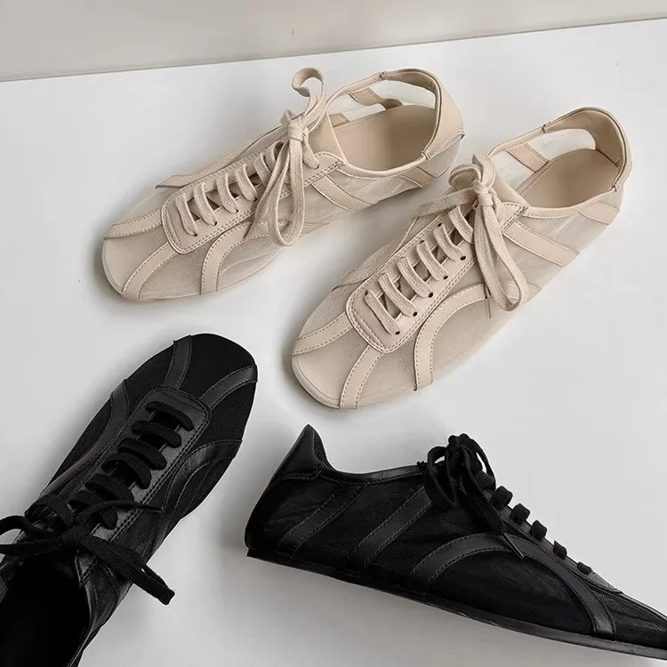 Breathable soft-soled net fabric sports shoes for women, stylish and niche French-style flat lace-up casual shoes view 4