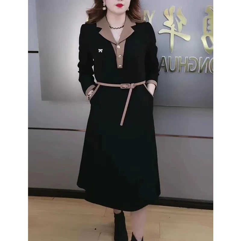 

Fashion Contrast Ladies Dresses Spring Autumn New Solid Long Sleeve Button Patchwork Midi Dress Elegant Vintage Women Clothing