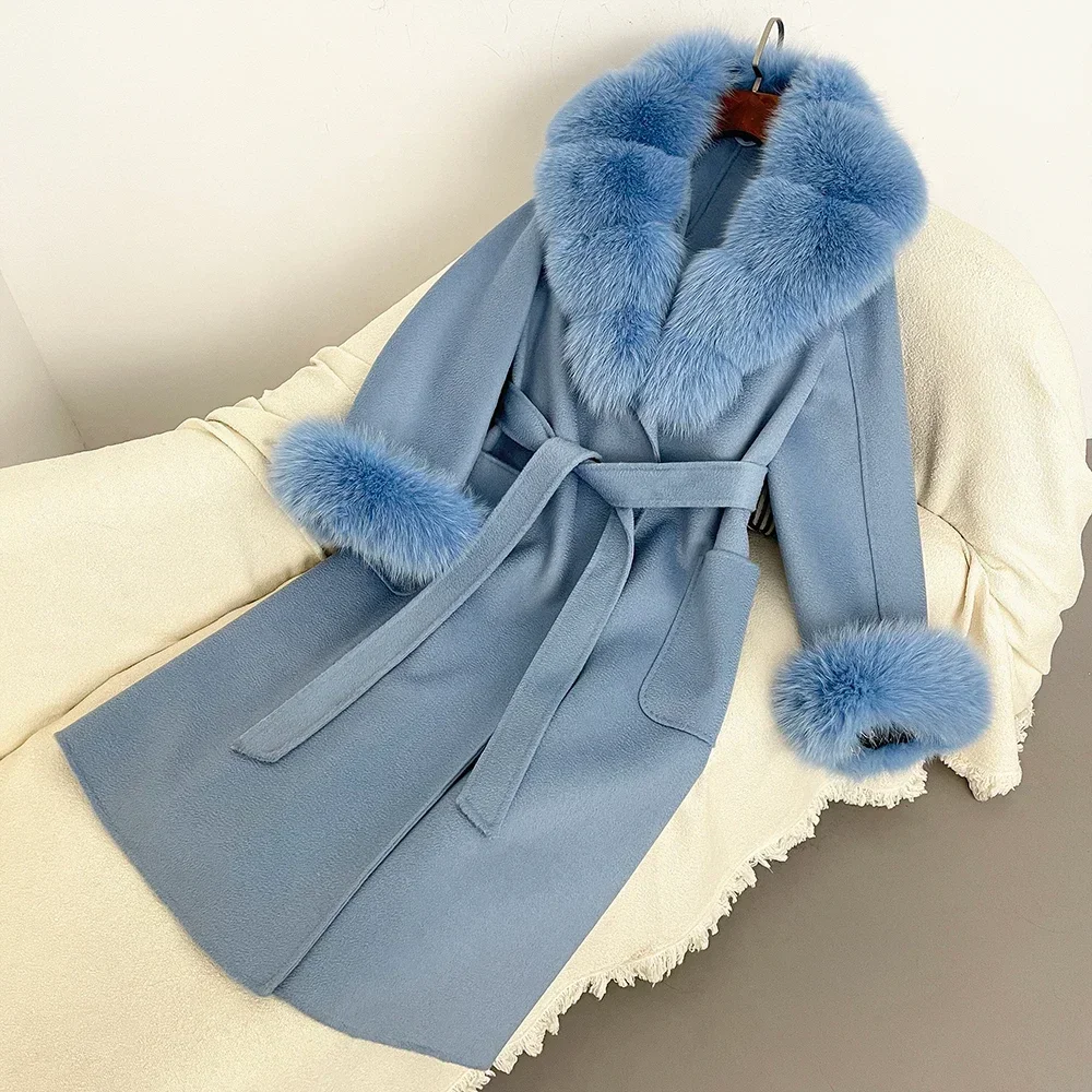 

Wool Women Natural Fox Fur Collar Real Fur Coat Winter Jacket Women Belt Warm Coat Street Wear Winter Coat Women Fox Fur Coat