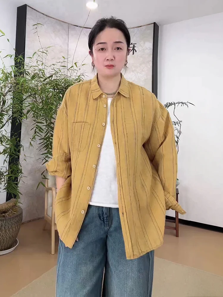 

Повседневная льняная рубашка с длинным рукавом для женщин, весна 2026, приталенный прямой крой, в полоску, с отложным воротником, классический стиль FSY60006