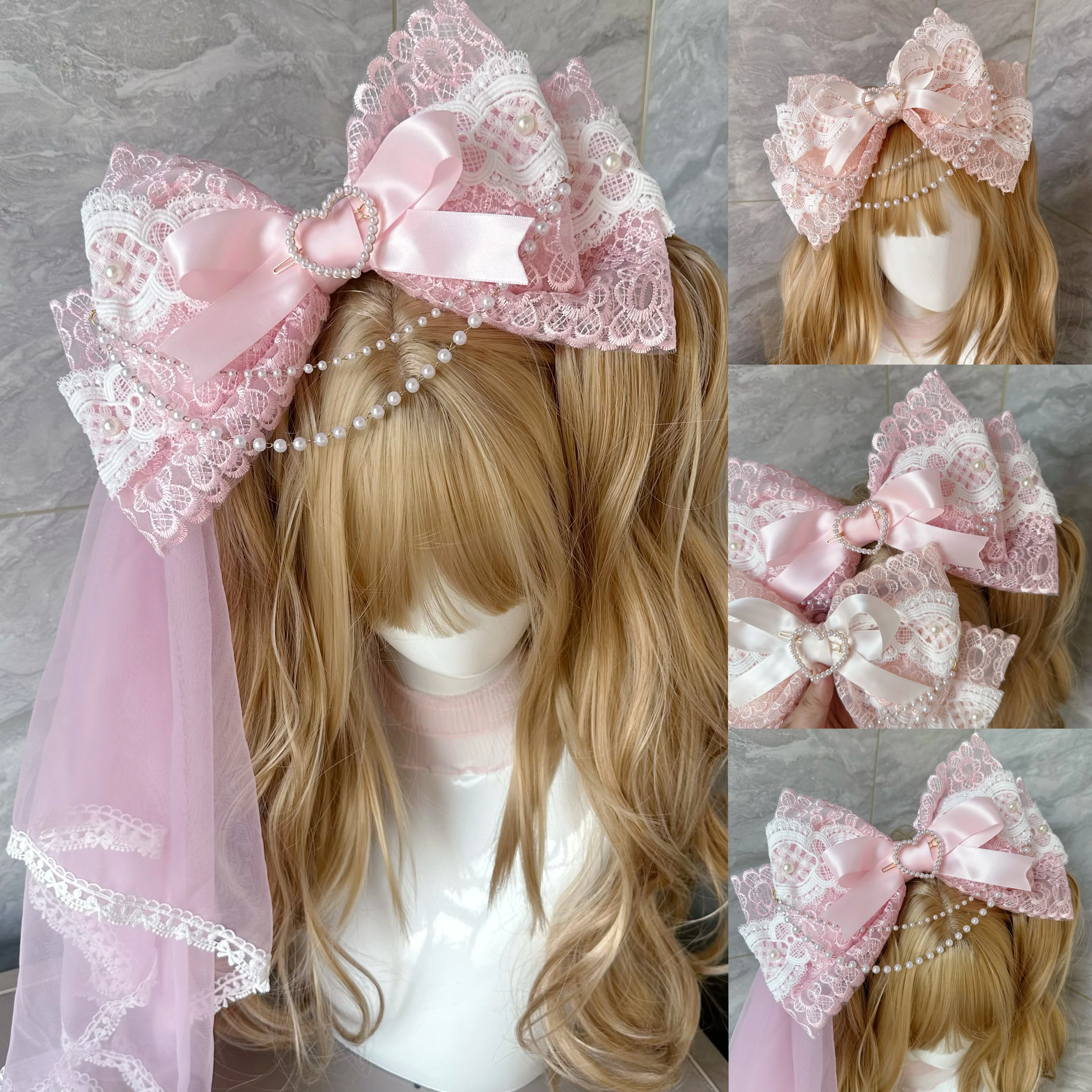 

Japanese Handmade Pink Lace Oversized Bow Hairpin Headband Lolita Accessory Brooch Veil Showa