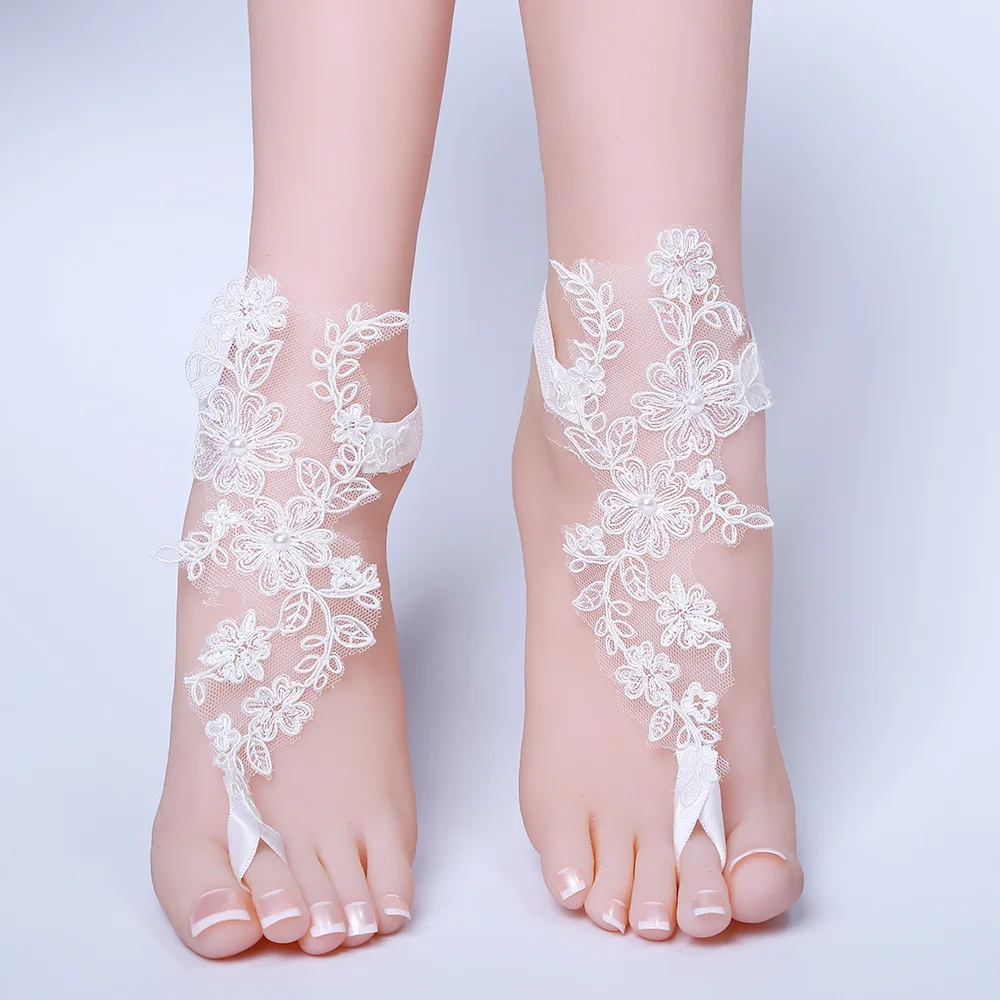 Newest Bridal Lace Appliques Wedding Anklets Barefoot Sandal White Foot Chain Wedding Bridal Anklets Bangles Wedding Accessories