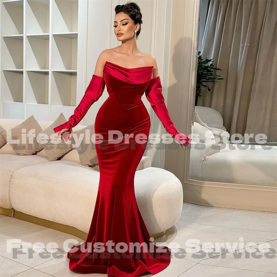 

Customized Red Strapless Mermaid Velvet Prom Dresses Evening Gown Buttons Long Sleeves Floor-Length Simple Party Gown
