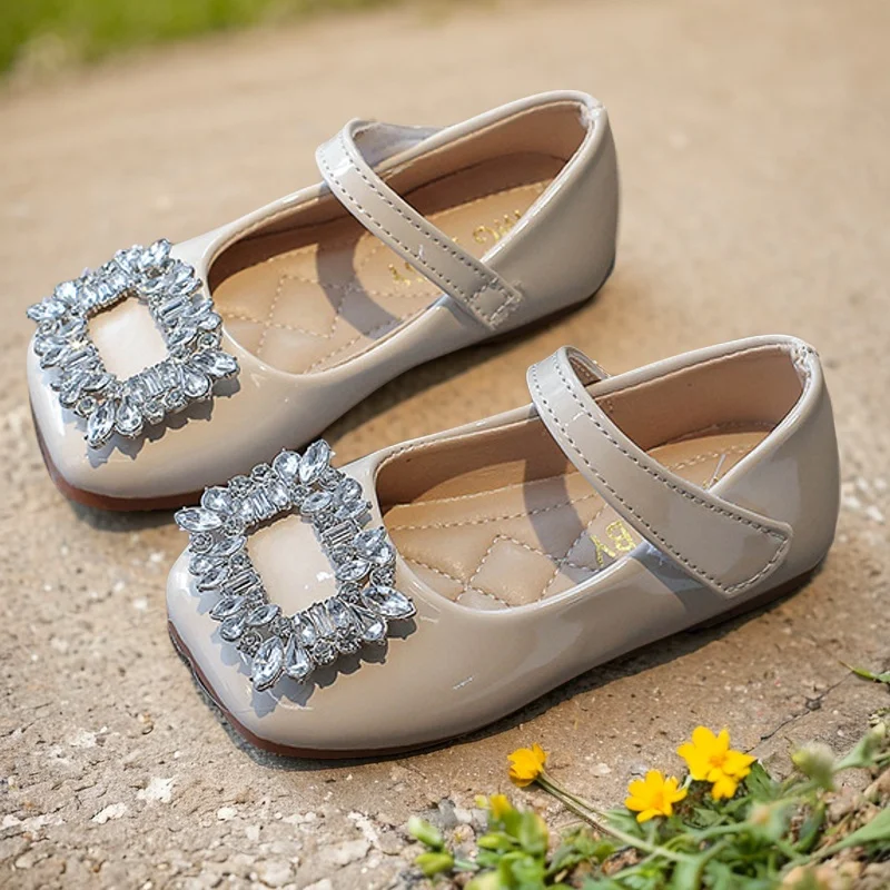 Girl's Rhinestone Square Buckle Girls' Princess Shoes 2025 New Lacquer Leather Head Flat Bottom Grandma Shoes Children's Single