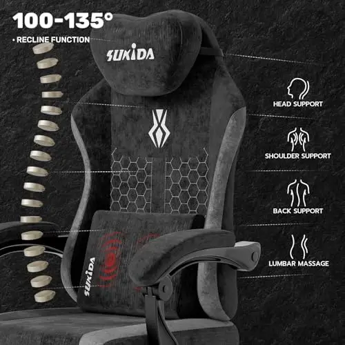 Fabric Video Gaming Chair, Ergonomic High-Back Computer Game Chairs with Large Massage Adjustable Lumbar Support view 4