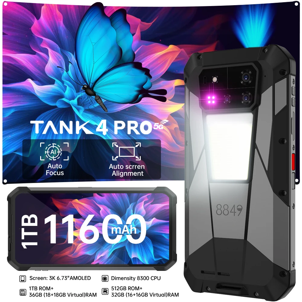 8849 Tank 4 Pro Unihertz 5G Robuuste projector Smartphone Android 6,73 inch 3k AMOLED-display 36 GB + 1 TB mobiele telefoon 11600 mAh NFC