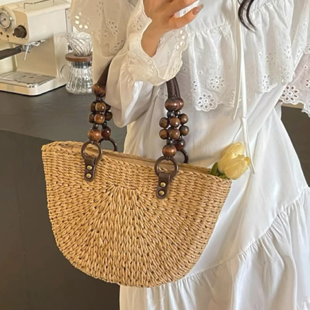 

Женская сумка с деревянной ручкой из бисера, пляжные сумки в форме полумесяца для женщин, богемная тканая соломенная сумка, летняя сумка на плечо, дорожная сумка-шопер