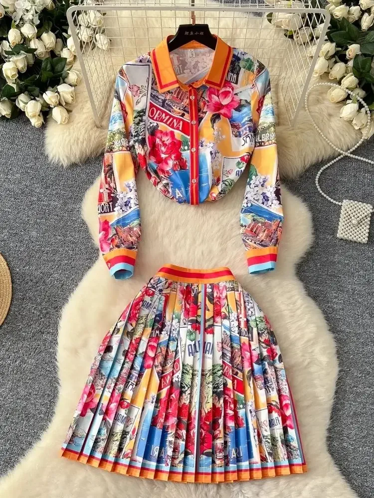 

Spring Summer Pleated Short Skirt Print Floral Two Piece Set for Women Shirt Top and High Waist Mini Skirt 2 Piece Sets Outfits