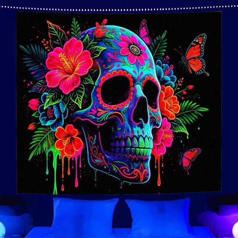 VIKAMA Cyberpunk Neon Sugar Skull Flower Tapestry Dark Trend Background Wallpaper Room Decoration Home Decoration