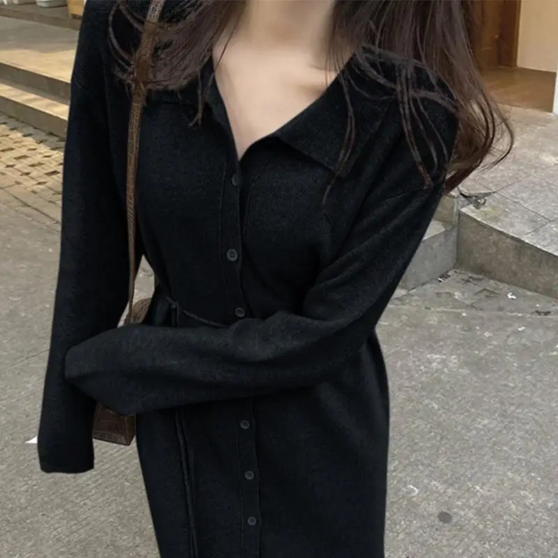 Femmes printemps automne couleur unie col rabattu à manches longues tricot pull Cardigan mince coréen moulante fête robe mi-longue