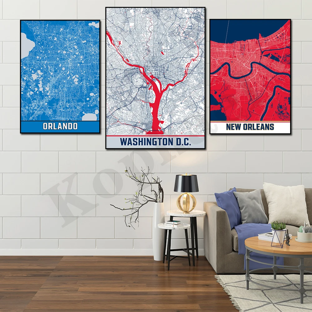 Houston Denver Washington Toronto Sacramento Phoenix Orlando Oklahoma New Orleans City Color Map Home Wall Decor Poster