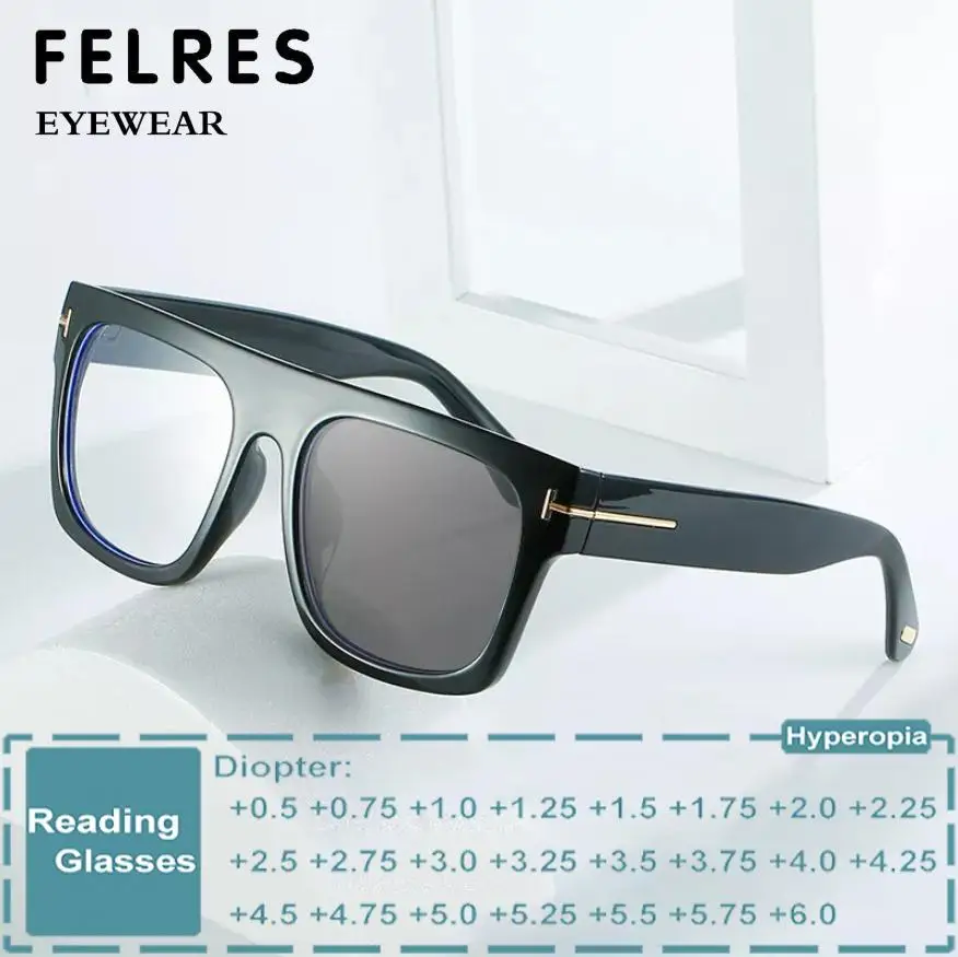 ﻿ FELRES Photochromic Square Reading Glasses Men Women Presbyopia Far Sight Eyeglasses Outdoor Sunglasses +0.5 1.25 1.75 ﻿