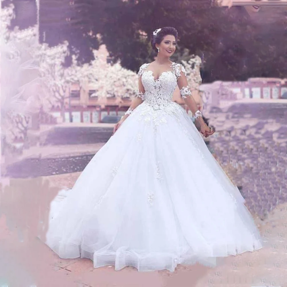 

Modest Wedding Dresses Sweetheart Illusion Long Sleeve with Appliques Long Length Bridal Gown Customized فستان الزفاف