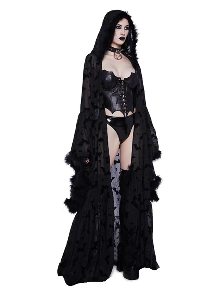 RORORIRI Dark Bat Print Sheer Hooded Long Dress Women Flare Sleeves Stitch Plush Solid Black Maxi Dress Gothic Halloween Clothes