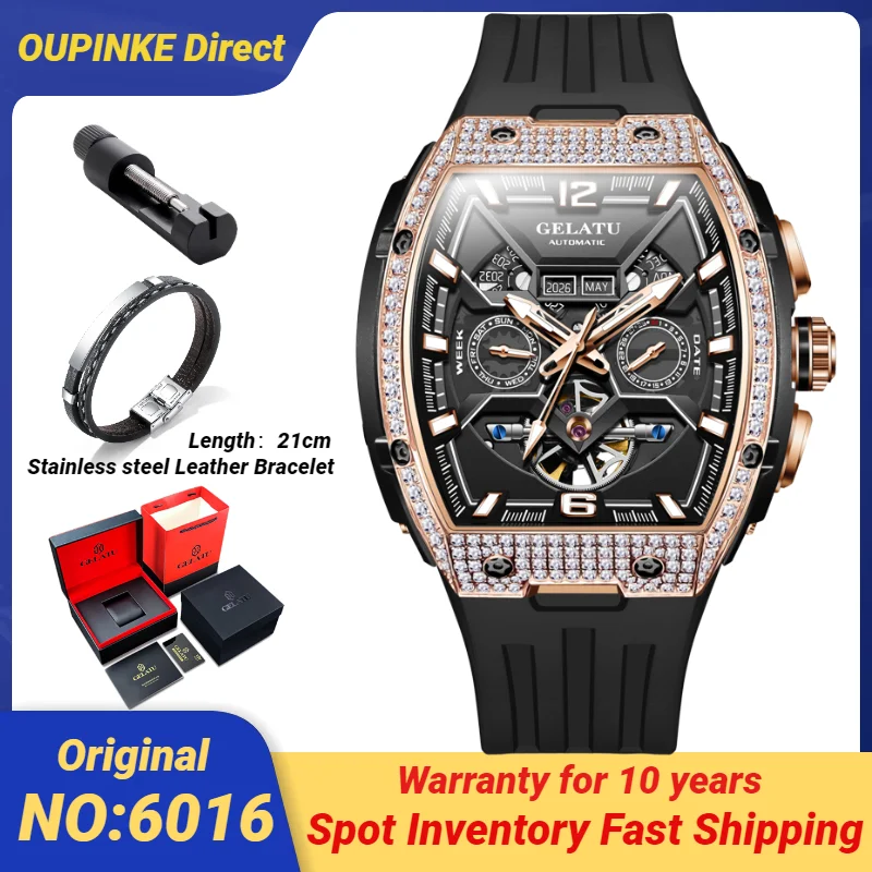 GELATU Luxury Full Diamond Wristwatch Men Multifunctional Hollow Out Stainless steel Silicone Strap Male Watch TOP Brand