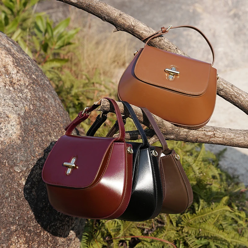 HIFASHION Genuine Cowhide Leather Saddle Bags Women Small Shoulder Crossbody Bags Top Handle Purse Flap Handbag For Work Party