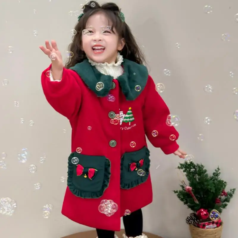 

Christmas Girls' Coat Autumn Winter 2025 New Fashionable Children's Woolen Thick Warm Coat Suitable for Girls' Festival Clothing