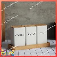 ABCL 3PCS Set Tea Coffee Sugar Canister Set With Tray Iron Tea And Coffee Jars With Bamboo Lid Coffee Sugar Tea Containers