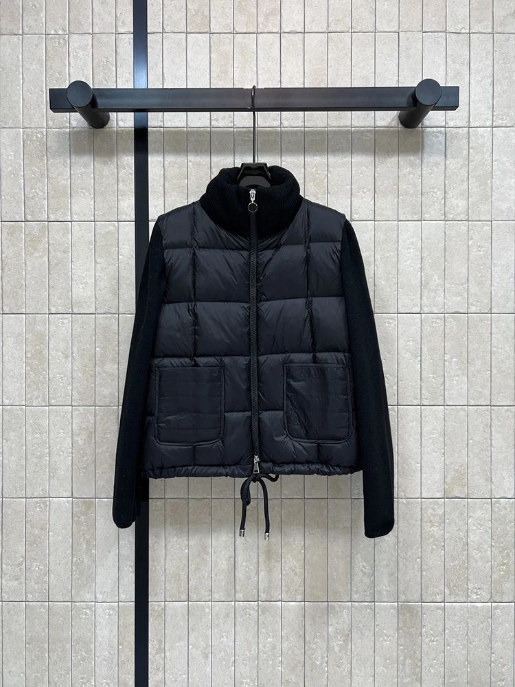 Winter Fashion Outdoors Black Simplicity Casual Down Jacket Women's Knitting Stand Collar Patchwork Zippers Long Sleeve Jacket