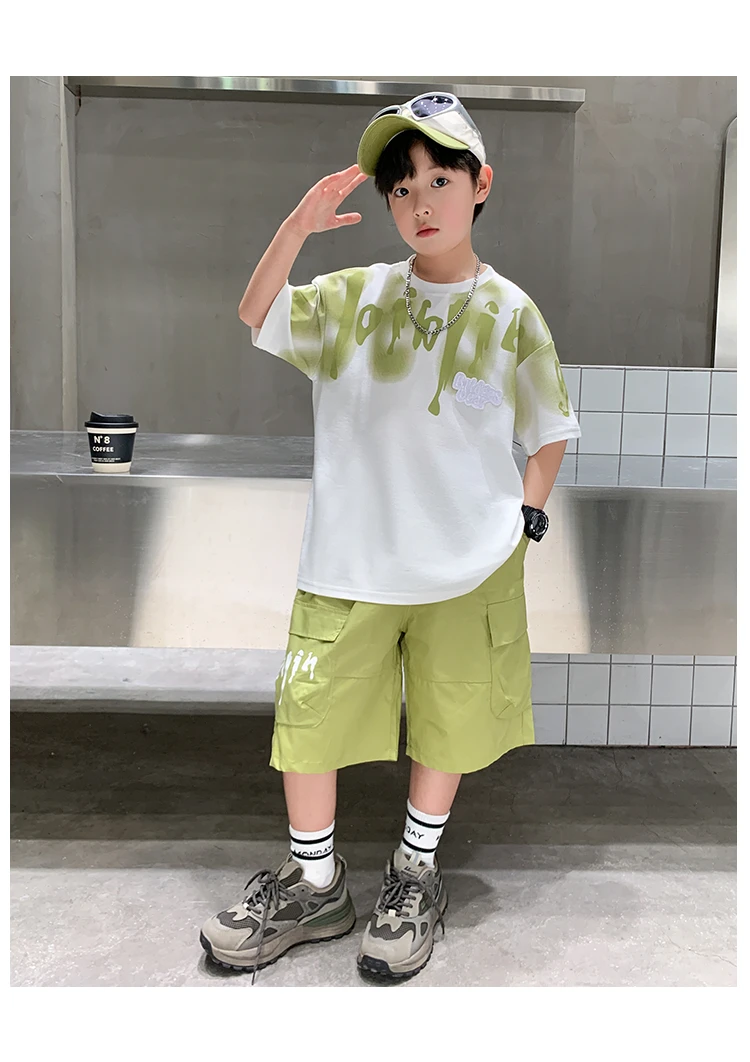 Heißer Verkauf Jungen Sommer Mode Baumwolle 2-teilige Kurzarm-T-Shirts + Shorts Anzüge 5-14 Jahre Kinder Freizeitkleidung Kinderbekleidungssets – Detail 2