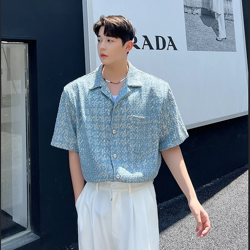 

Glittery Short Sleeve Men's Denim Shirt Street Style Sexy Korean Version Youth Trendy Hair Stylist Favorite Casual Loose Fit