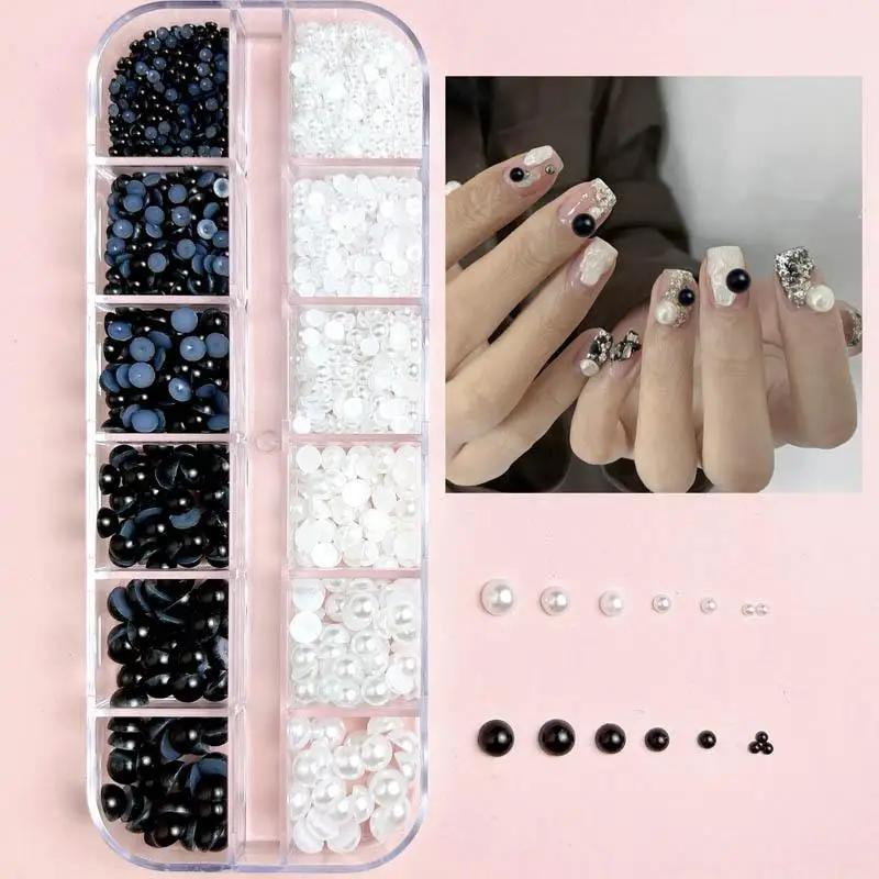 1Box Multiple Size Simulated Pearl Nail Charms Black White Flat Bottomed Pearl Resin Nail Art Decorations DIY Nails Accessories