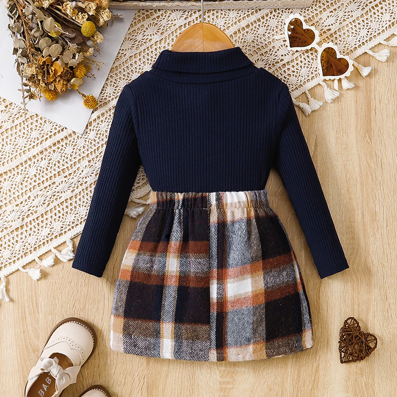 Two Piece Set Of Autumn And Winter Girls Casual Cute High Necked Basic Solid Color Knit Long Sleeved Irregular Plaid Skirt