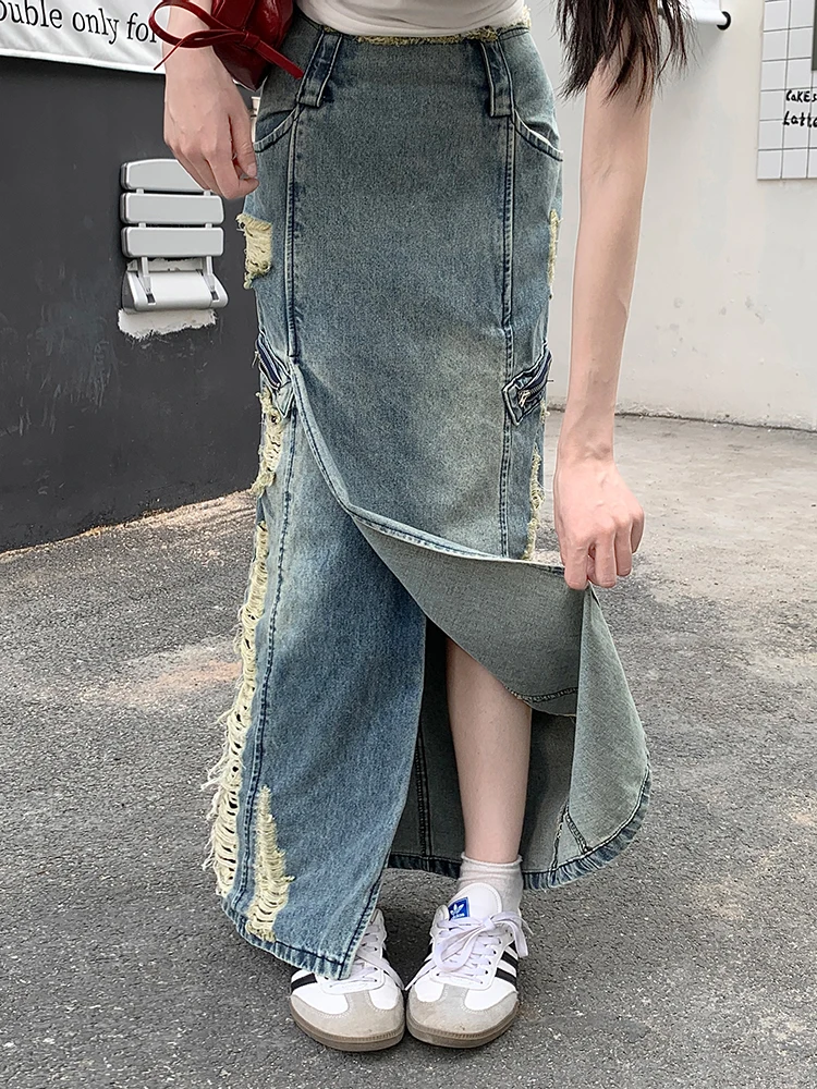Ripped Tassel Denim Skirt Y2K Harajuku Split Jean Skirts Women 2025 New Holes Long Skirt