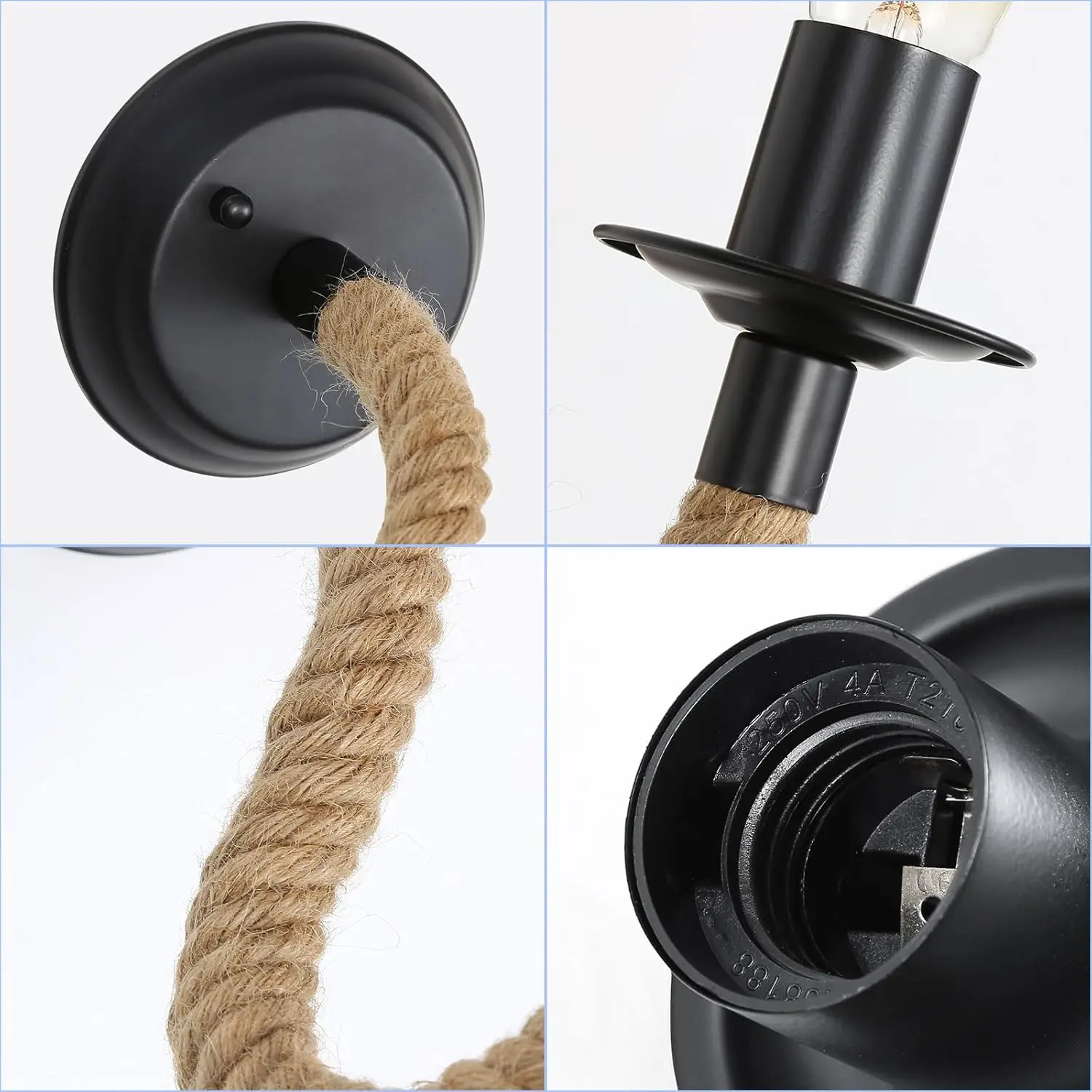 2 Stück Innen-Wandleuchten, industrielle Vintage-Hanfseil-Wandlampe, Wandleuchte für Flur, Loft, Schlafzimmer [27er-Glühbirne nicht enthalten] – Detail 2