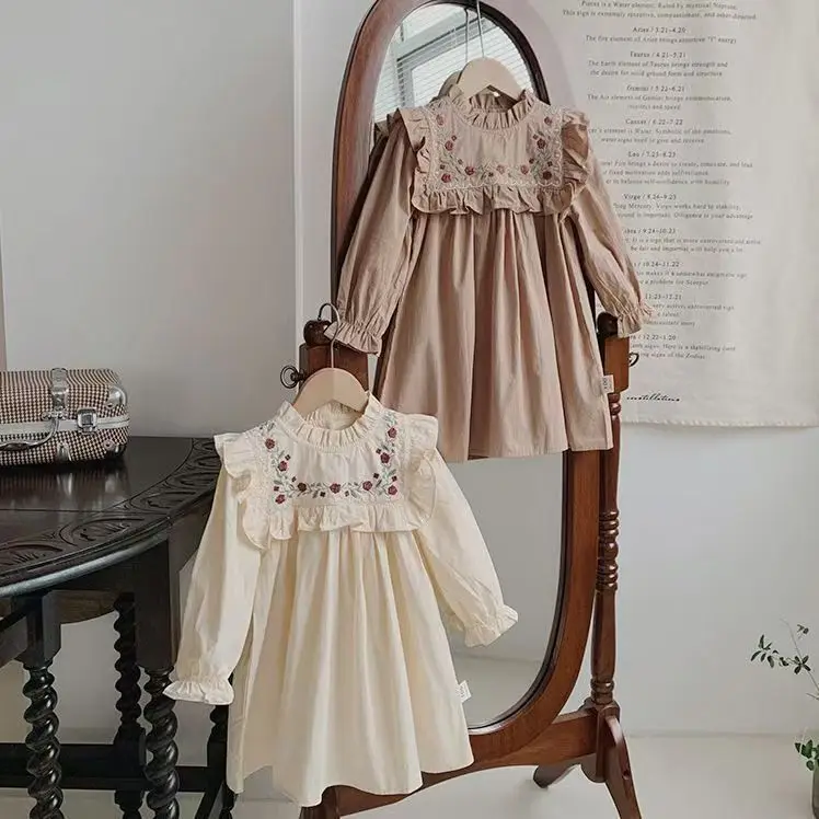Kids Girls Dress French Embroidered Flower Stand Collar 2026 Fall Ruffle Long Sleeve Girls Princess Dress