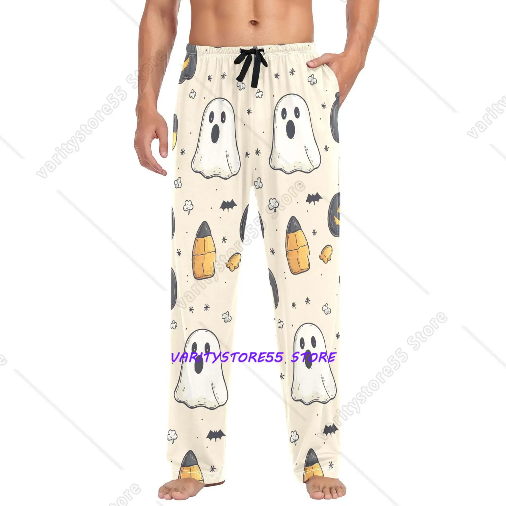 Mens Pajama Pants with Pockets Soft Cotton Sleepwear Lounge Bottoms Halloween Black Pumpkins