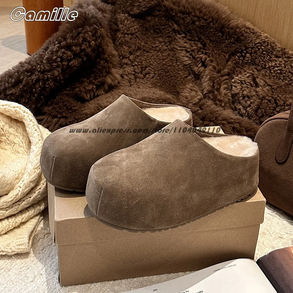 

Suede Short Plush Thick-Sole Slip On Snow Slippers Round Toe Keep Warm Winter New Casual Slides All-Match Lady Grace Slippers