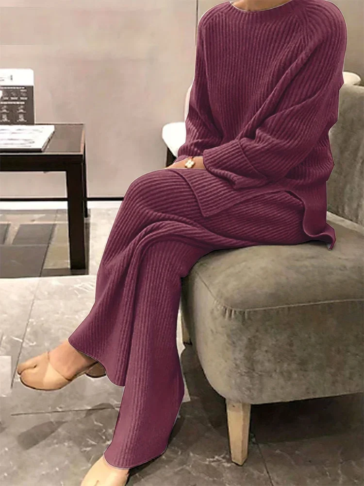 Women Casual Wear Set Solid Color Pullover 2-Piece Knitted Sweater Round Neck Cardigan Long Sleeve Suit Trousers Female Clothing