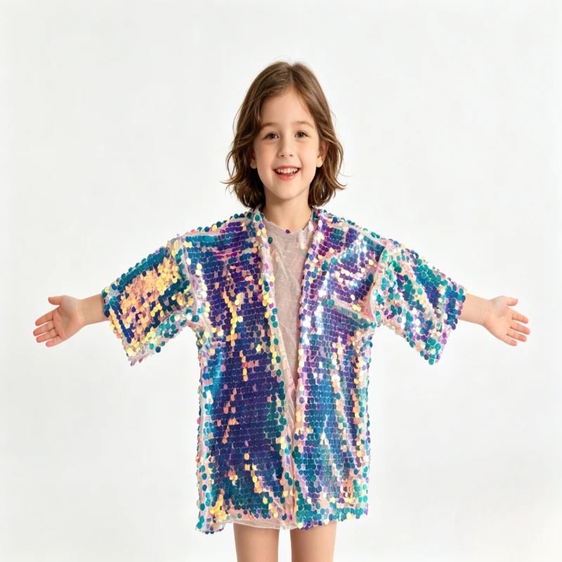 Chaqueta Corta de Lentejuelas Iridiscentes para Niñas, Chaqueta Abierta de Manga Corta con Lentejuelas de Arcoíris y Sirena para Fiestas de Cumpleaños y Disfraces