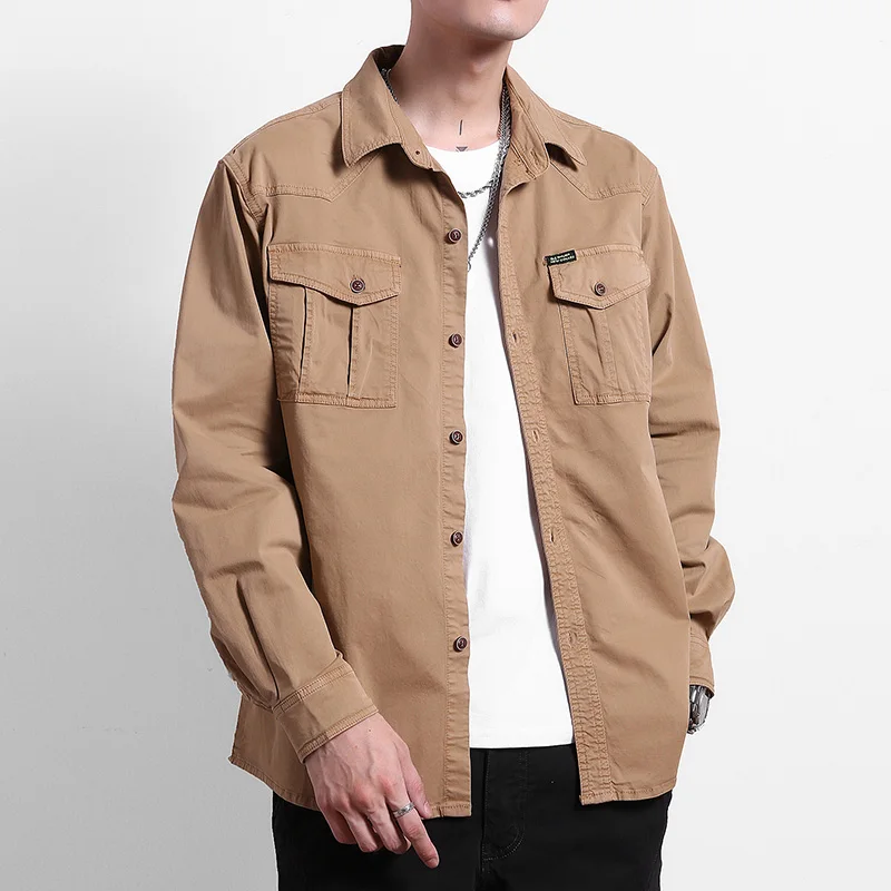 Men's Long Sleeve Shirt Cotton Relaxed Fit Military Tactial Shirts With Pockets Solid Outdoor Work Shirt Button Down Tops