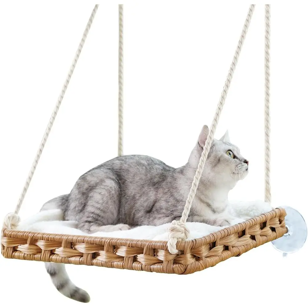 

Double Sided Washable Cat Window Seat with 4 Suction Cups and Hammock Bed for Indoor Cats, Handwoven PE Rattan, 2.3 Inch Thick C