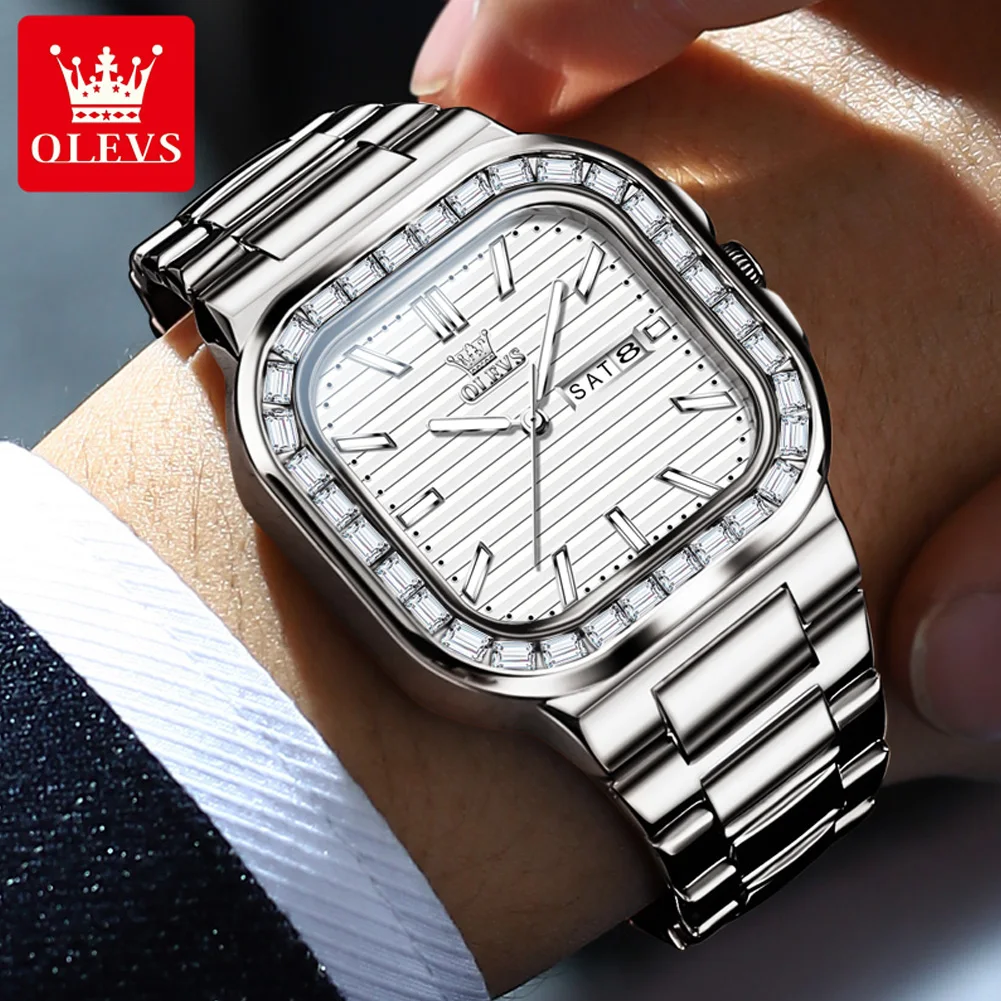 OLEVS Brand Simplicity Men's Watches Luminous Diamond Square Dial Quartz Watch Original Certification Waterproof Male Wristwatch