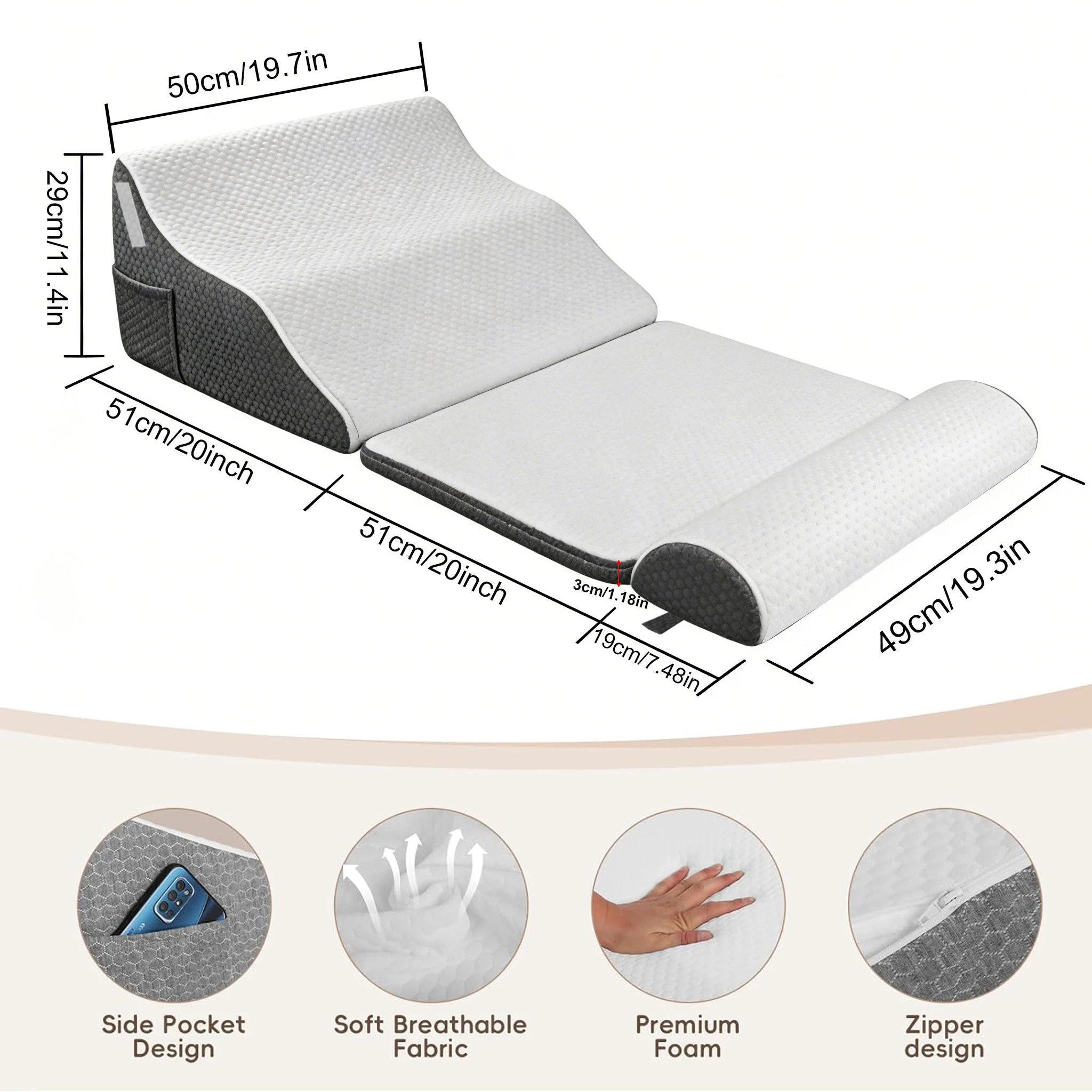 2/3PCS Foam Wedge Pillow Set Orthopedic, Post Surgery Body Back Leg Pain Relief, Triangle Support for Acid Reflux & Snoring