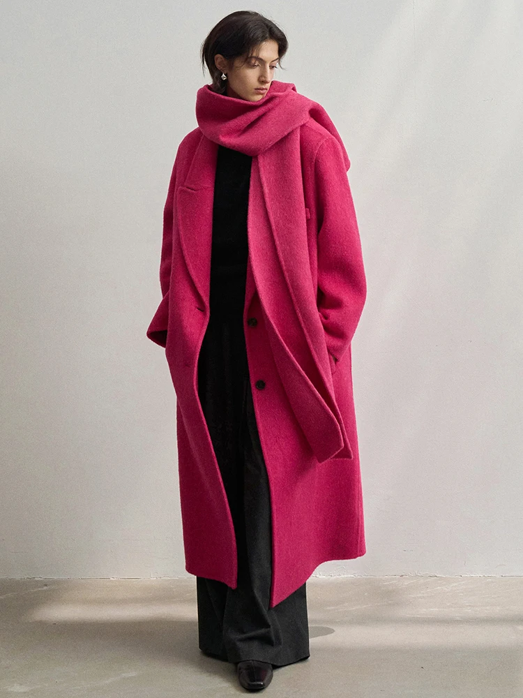 DEAT Fashion Women 100% Wool Coat Lapel Loose Single Button Long Sleeves Rose Red Scarf Blends Overcoat Winter 2024 New 7AB5414