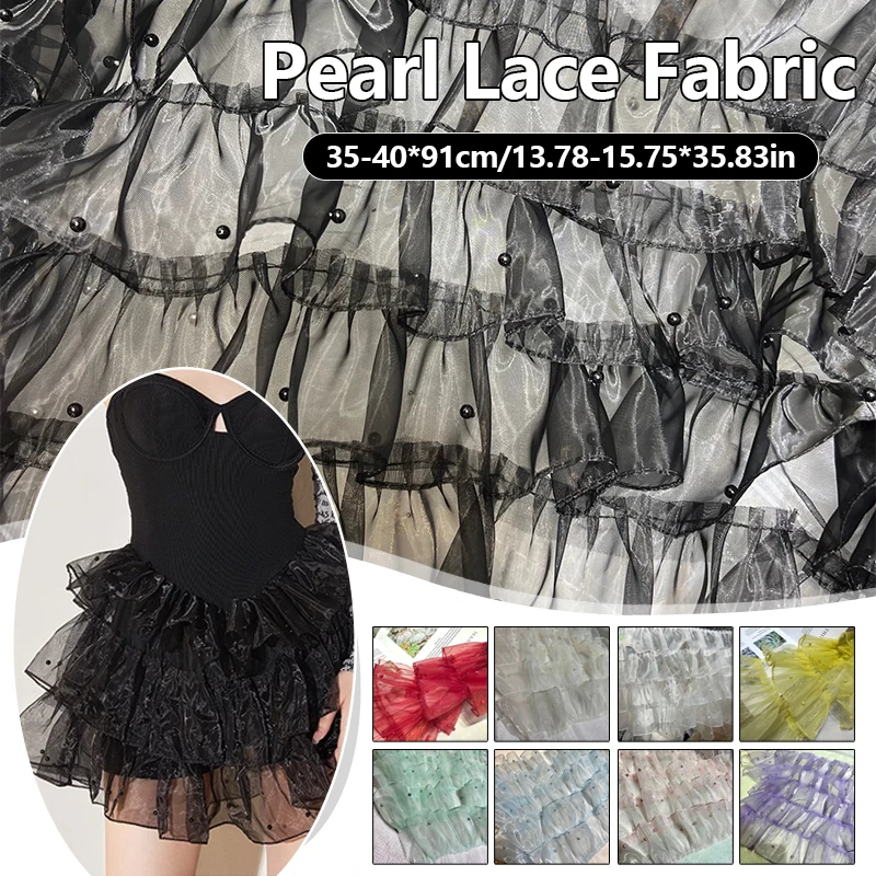 5 Rows Colorful Organza Pleated Fabric - Multilayer Ruffles Lace Trim with Beads for Diy Dress Skirts Doll Clothes 1Yard