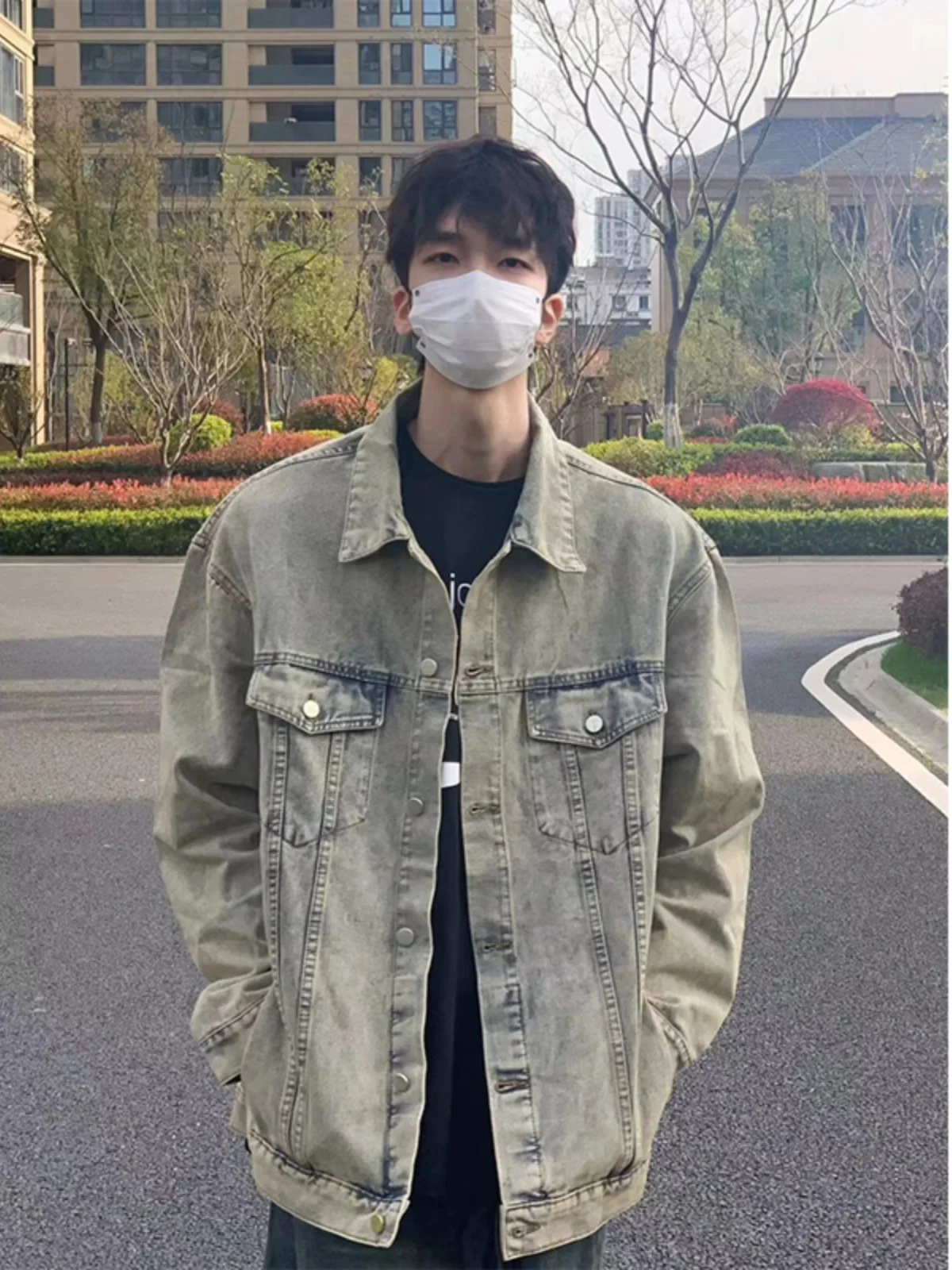 

Washed Denim Jacket Men's Spring Autumn American High Street Collared Workwear Jacket Loose Fit Long Sleeve Youth Fashion