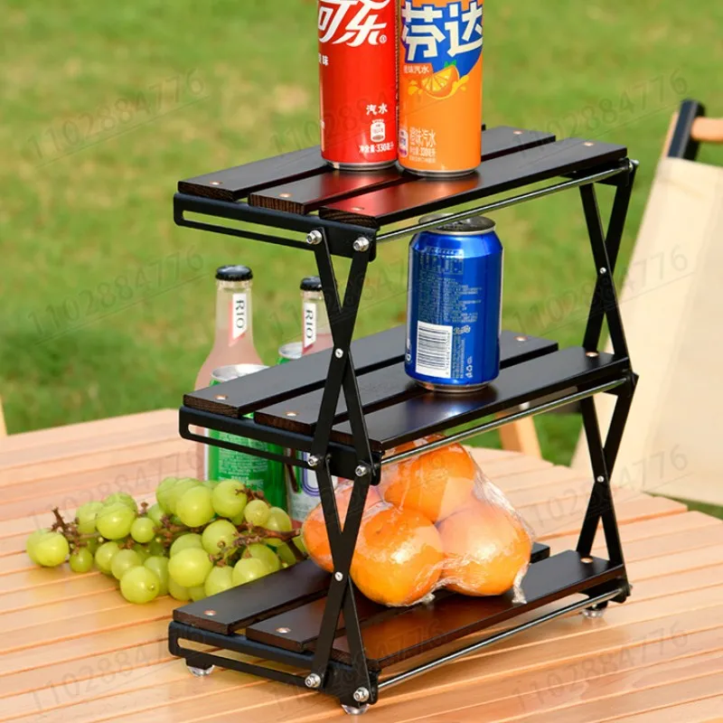 Outdoor Camping Metal Three Tier Folding Shelf Multifunctional Desktop Retractable Wooden Storage Rack Collapsible Coffee Shelf