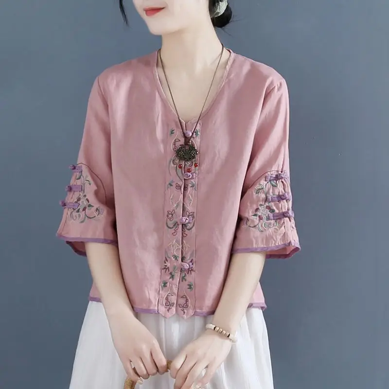 

Retro Embroidered Knot Button Cotton Shirt Womens 2023 Summer New Chinese Zen Tea Gown Loose Short V-neck Top